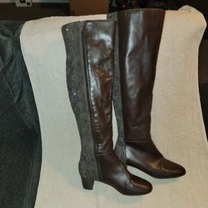 American Glamour Badgley Mischka Boots Knee High Studded Jeweled Brown Sz 7.5